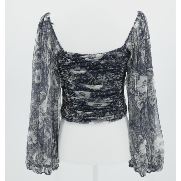 Free People Crop Top Blue Sheer Floral Puff Sleeve Cottagecore Boho Size Large - Picture 3 of 13